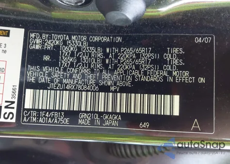 2007 Toyota 4Runner Sport V6 from USA, damaged, VIN JTEZU14RX78084006